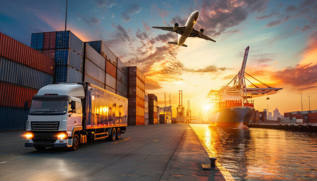 Un autocarro portacontainer opera nel porto per la logistica aziendale e il trasporto di merci su navi cargo e aerei cargo. Un ponte gru &egrave; attivo nel cantiere navale, supportando l'industria della log