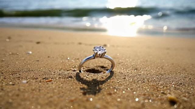 Diamond ring on beach sand with waves, concept of eternity