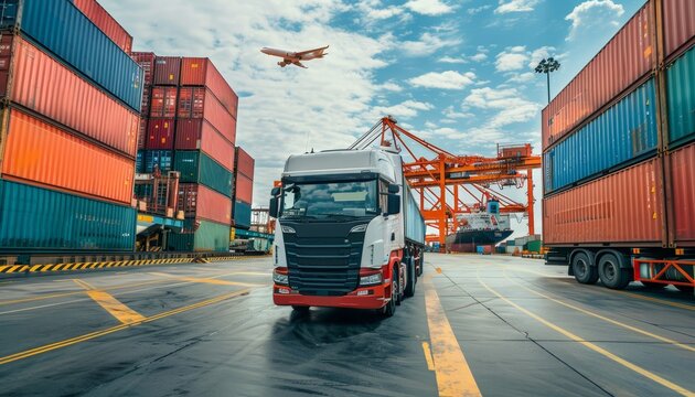 Un autocarro portacontainer opera nel porto per la logistica aziendale e il trasporto di merci su navi cargo e aerei cargo. Un ponte gru &egrave; attivo nel cantiere navale, supportando l'industria della log