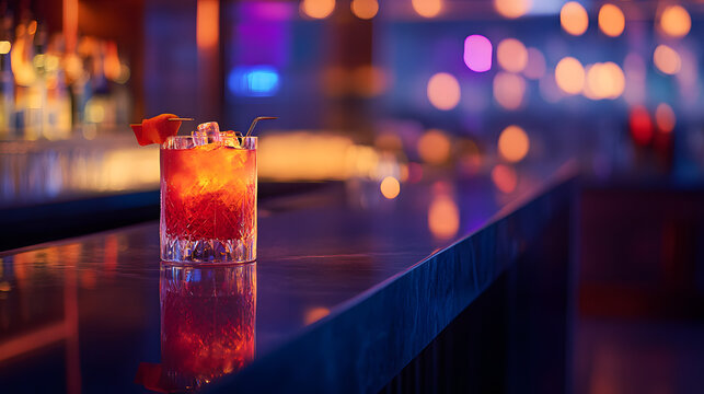 A stylish cocktail bar in a five-star hotel featuring signature drinks and mood lighting.