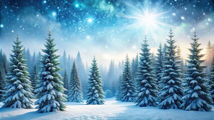 Snowy forest landscape with towering evergreen trees and sparkling snowflakes, frosty morn, holiday season, snowy woods