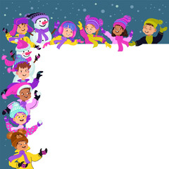 Happy children in bright winter clothes and a snowman. Greeting card or poster template. Cheerful cartoon kids and a place for your text. Vector flat illustration.