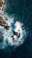 Aerial View of Waves Crashing Against Rocky Shoreline in Vibrant Blue Ocean