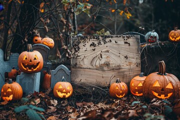 Festa di Halloween. Zucche e zombie in un cimitero, con una tavola di legno al centro