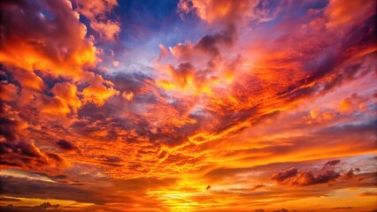 Vibrant orange and pink hues of sunset illuminate the clouds with a warm glow, glowing sun, vibrant hues, breathtaking views
