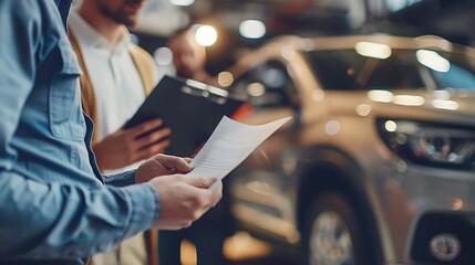 A detailed shot of a customer reviewing a vehicle warranty and maintenance agreement with a dealership employee, highlighting the importance of future car care 