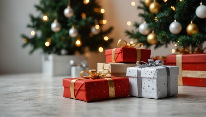 christmas and new year background - gift boxes and stars near decorated christmas tree and copy space over white wall with lights