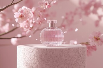 Beautiful transparent bottle with a cosmetic remedy or perfume leaned on a marble white podium with flower petals buds. Packaging design concept or mock-up surrounded by delicate cherry flower petals