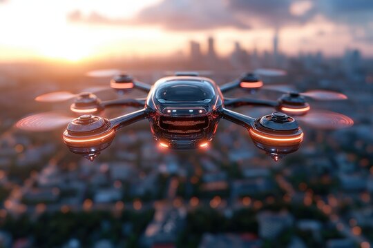 A futuristic hexacopter soars above a sprawling metropolis at dusk, merging cutting-edge aviation with the beauty of a sunset-lit horizon and city silhouette.