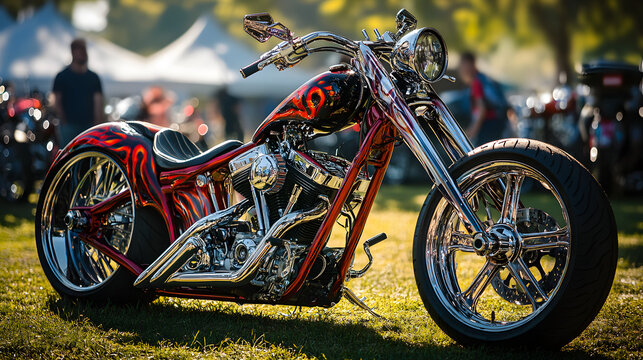 A heavily modified chopper with extended forks and custom paint standing out at a motorcycle show.