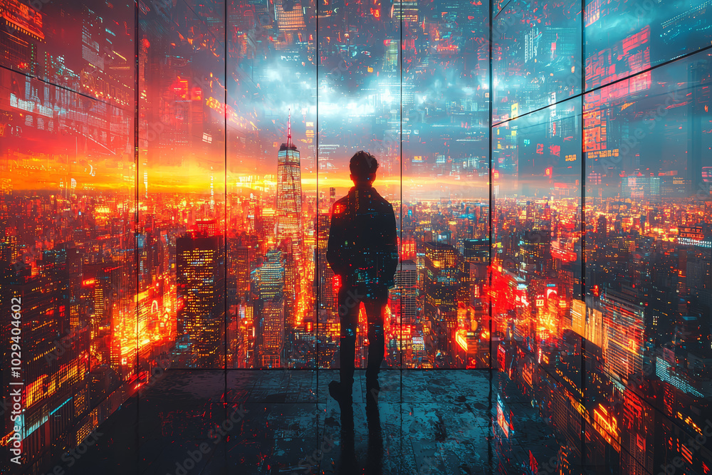 Poster a city skyline that flickers between different versions of itself, symbolizing the unstable nature o
