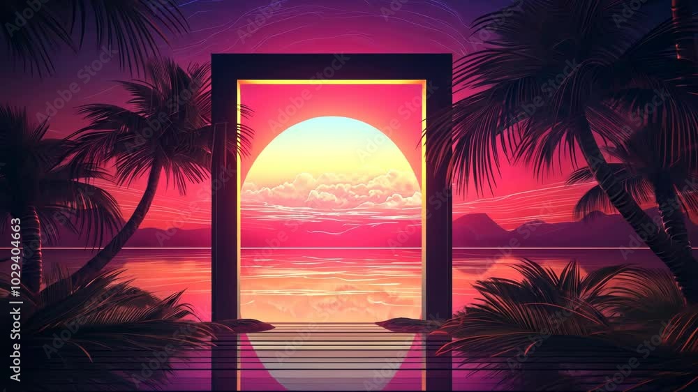 Poster mysterious door or portal with neon light in the jungle in synthwave style