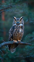 Obraz premium A photograph of an owl perched on a branch in a Finnish forest, at night, wildlife photography