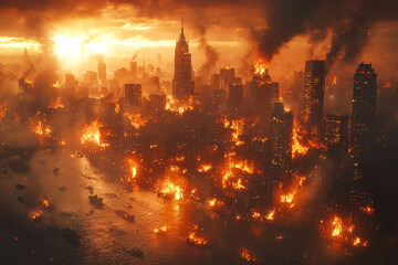 Fototapeta premium A city on fire during a riot, symbolizing social unrest in the wake of global instability. Concept of social collapse.