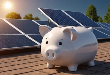 A lovely pink piggy bank is sitting on top of a shiny solar panel