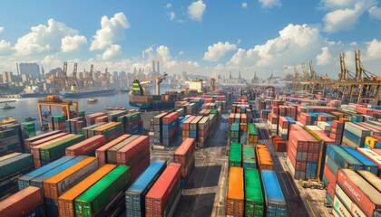 Obraz premium Un porto internazionale pieno di container colorati, gru in movimento e navi cargo in arrivo e in partenza, con lo skyline della città sullo sfondo