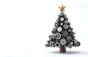 Christmas tree made of car engine parts on a white background, a unique combination of festive and automotive elements.