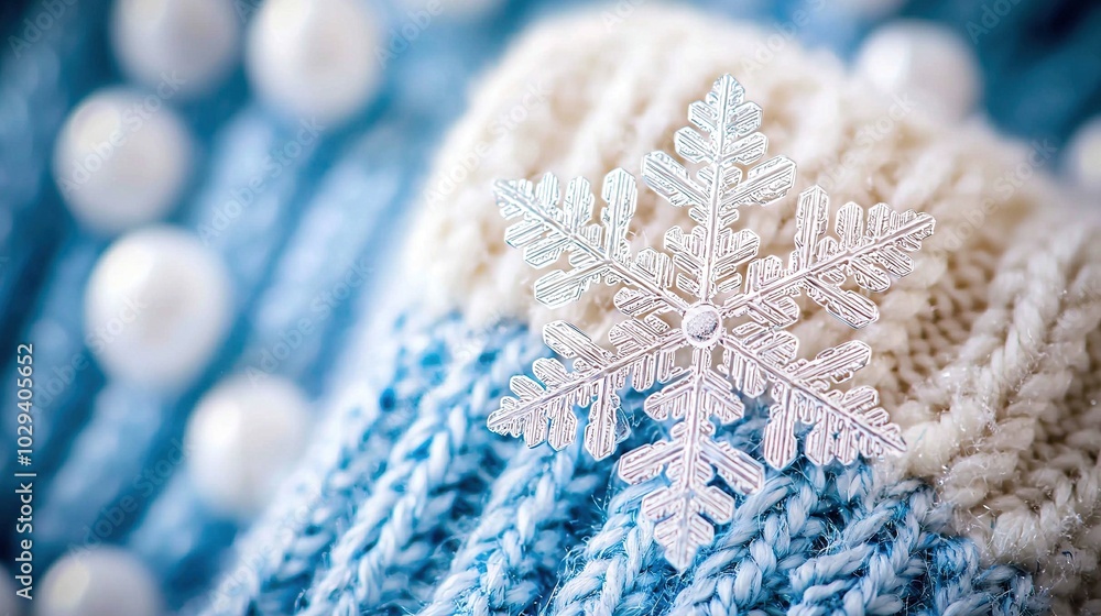 Poster a close-up photo of a knitted hat featuring a snowflake design on both the front and sides of the ha