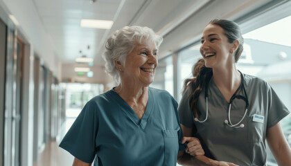 Assistente sorridente e donna anziana sorridente che camminano insieme nel corridoio della casa di cura