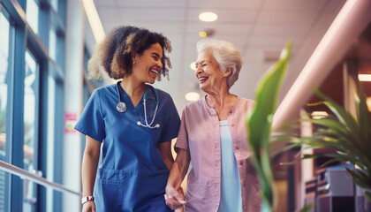 Assistente sorridente e donna anziana sorridente che camminano insieme nel corridoio della casa di cura