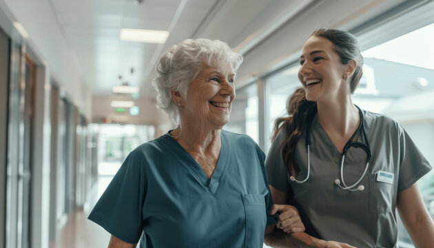 Assistente sorridente e donna anziana sorridente che camminano insieme nel corridoio della casa di cura