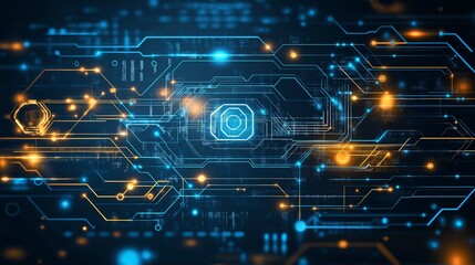 Obraz premium Electronic circuit board illuminated by blue and orange lights, symbolizing technology, innovation, and the power of digital systems, Generative AI