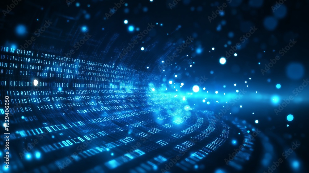 Poster Futuristic binary code flow in a digital landscape, symbolizing data streams, technology, and the modern digital world, Generative AI