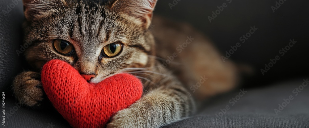 Poster a close-up of a calm cat holding a soft red knitted heart against a dark gray background, creating a
