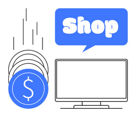 Computer monitor, three coins, and blue speech bubble saying Shop. Ideal for ecommerce, internet business, digital marketing, online payment systems, and retail promotions. Simple clean style