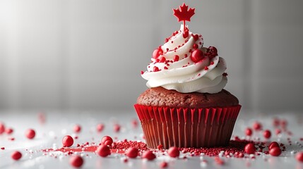 Canadian cupcake with whipped cream and maple leaf decoration