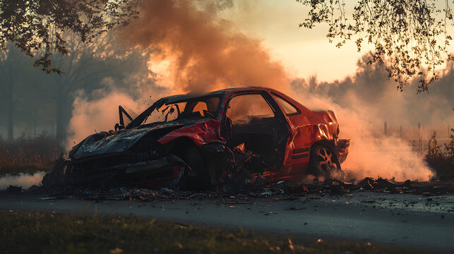 Ein schwer beschdigtes Auto nach einem Crash whrend eines illegalen Rennens Teile und Rauch f&Atilde;&frac14;llen die Szene.