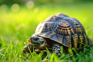 Obraz premium Tortoise in green grass with sunlight and bokeh background