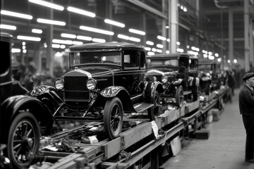 Black and white scene of vintage cars on a factory production line, reflecting early 20th-century industrial advances and the craftsmanship of the era.