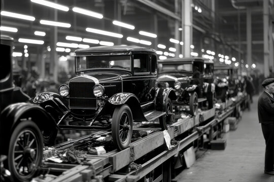 Fototapeta Black and white scene of vintage cars on a factory production line, reflecting early 20th-century industrial advances and the craftsmanship of the era.