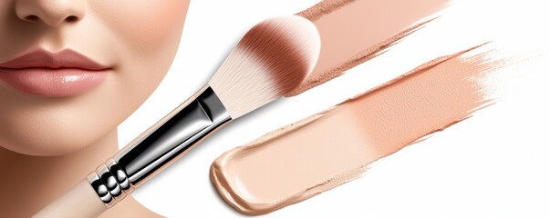 Close-up of a makeup brush with foundation strokes next to a woman's lips, showcasing beauty and cosmetic application.