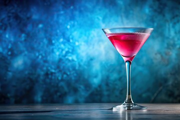 pink cocktail in glass on blue background aerial view