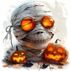 Halloween mummy. Horned demon. Happy Halloween scary illustration. Square banner for night of the dead. Trick or treat