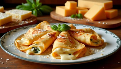 Delicious crepes filled with spinach and cheese, topped with basil and grated cheese on a white plate