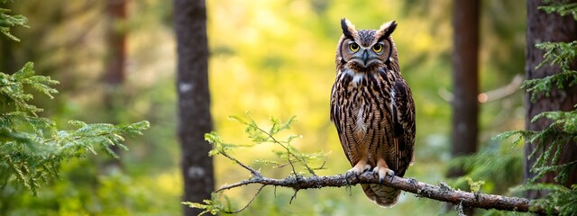 Fototapeta premium A photograph of an owl perched on a branch in a Finnish forest, at night, wildlife photography