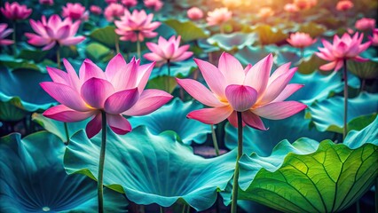 Pink lotus flowers and teal leaves blooming in floral scene