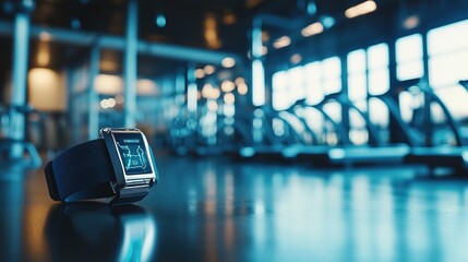 A sleek fitness watch rests on a reflective surface in a modern gym, with blurred exercise equipment in the background.