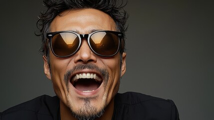 A man wearing sunglasses laughs joyfully against a dark background, capturing a moment of happiness and carefree spirit