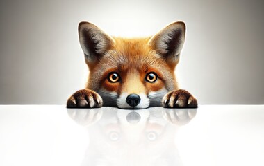 Fototapeta premium Curious fox peeking over white surface, playful concept of savings or frugality, photo.