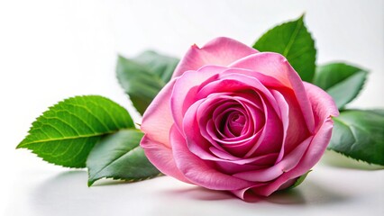 Fototapeta premium Pink rose with green leaves on white background close-up