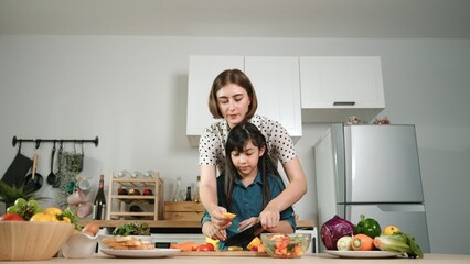 Smart caucasian mother and asian girl cooking together and chopping vegetable or preparing salad for dinner. Happy mom and daughter making healthy food with fresh food. Education concept. Pedagogy.