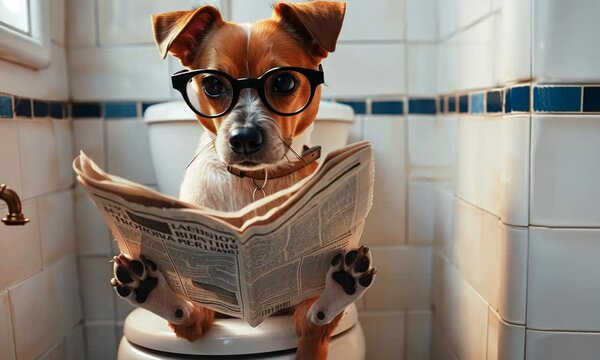 A playful dog, wearing glasses, sits on the toilet reading a newspaper. The bathroom's quaint tiles and natural light create a charming atmosphere, adding to the whimsical scene