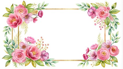 pink watercolor flower border and gold frame reflected on white background