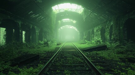 Naklejka premium Eerie Remnants of a Lost Era - A Dystopian Train Station in Cinematic Light