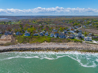 Peggotty Beach and historic waterfront houses aerial view in town of Scituate, Massachusetts MA,...