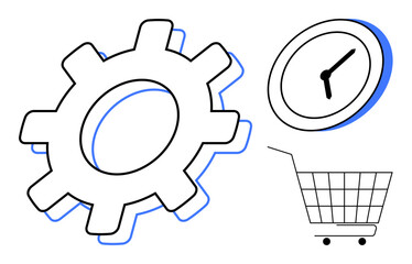Gear clock and shopping cart icons in minimalistic style convey themes of automation time management and e-commerce. Ideal for business marketing technology efficiency and productivity. Black blue